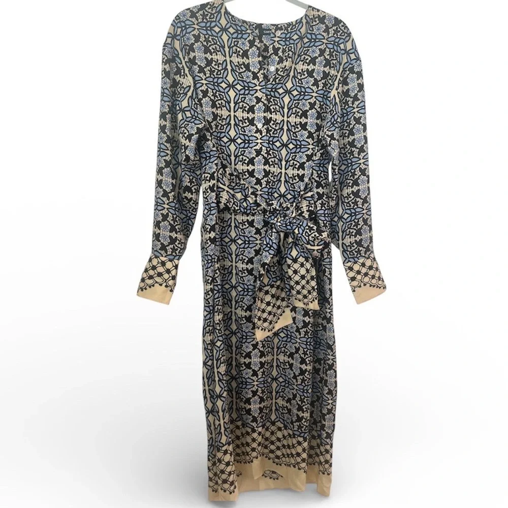 GOEN.J Silk Geometric‎ Floral Tile Print Midi Dress Blue Black Cream US 8